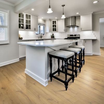 wood look laminate floors in a bright kitchen